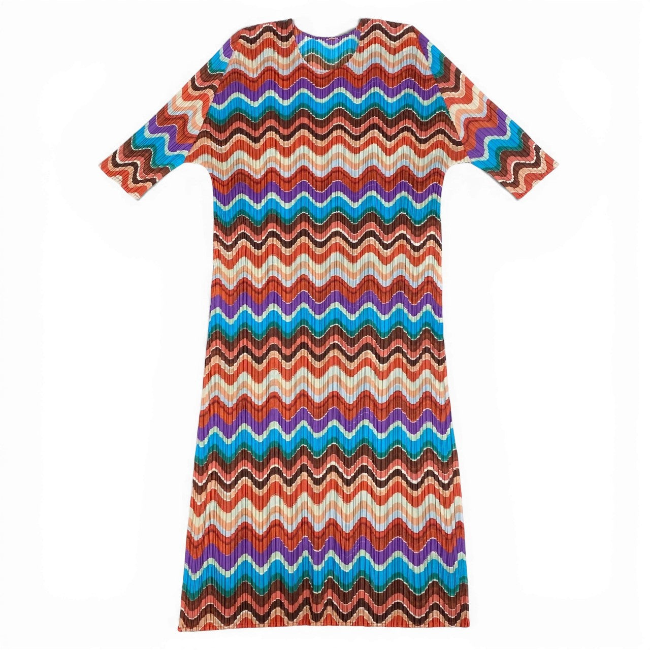 Aa7 【美品】 PLEATS PLEASE プリーズプリーツ イッセイミヤケ 半袖ワンピース プリーツ ボーダー柄 PP83-JH724 3 オレンジ系 レディース 女性用k02i