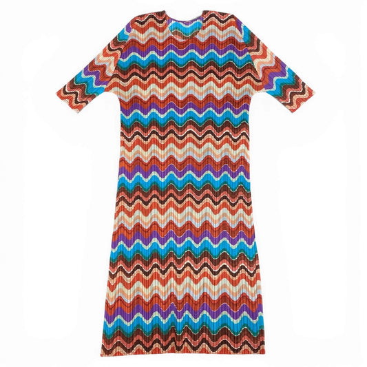 Aa7 【美品】 PLEATS PLEASE プリーズプリーツ イッセイミヤケ 半袖ワンピース プリーツ ボーダー柄 PP83-JH724 3 オレンジ系 レディース 女性用k02i