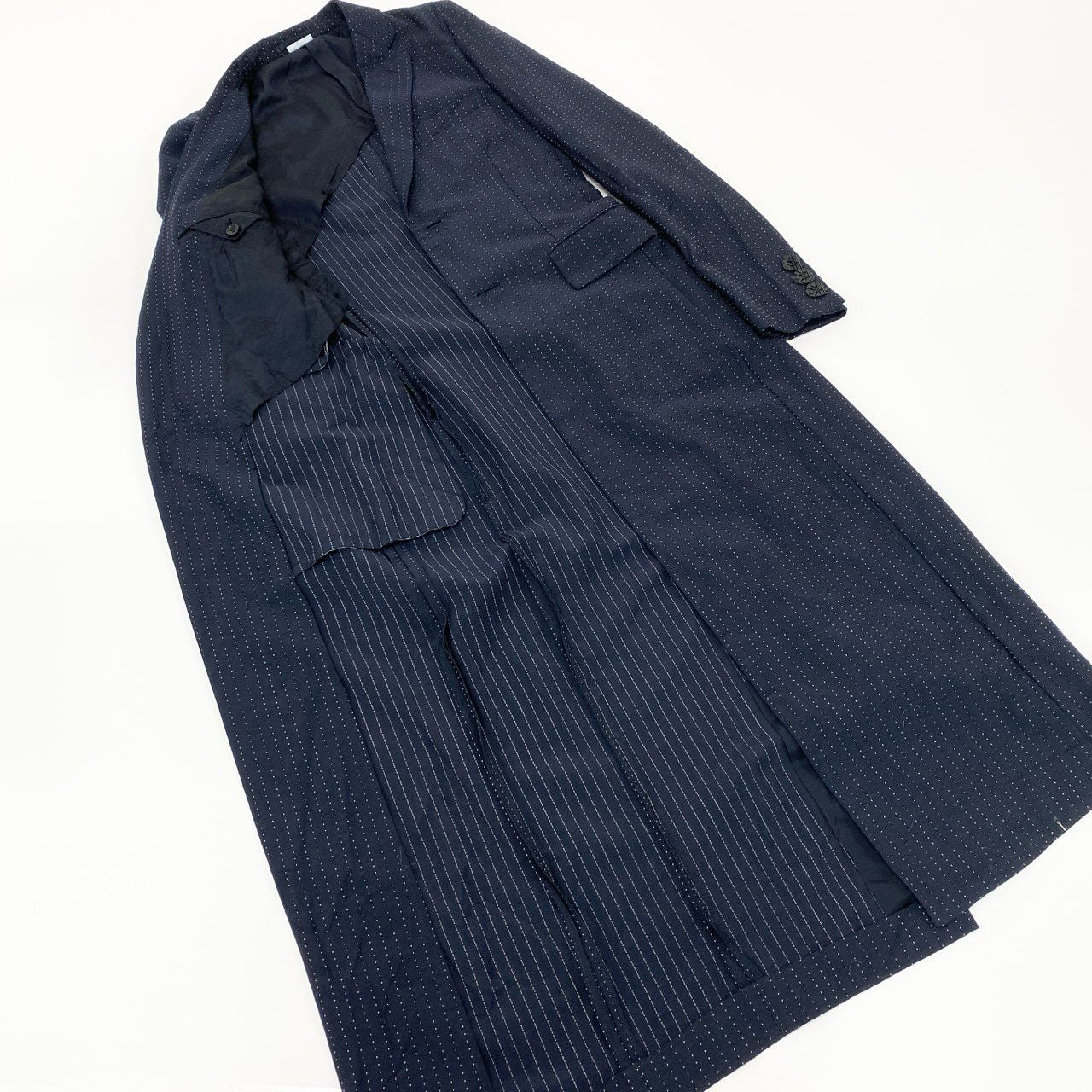 20L2【美品】COMME des GARCONS HOME PLUS コムデギャルソンオムプリュス ピンストライプ ロングジャケット 13SS ジャケットコート アウター PK-J026-051-2-1 XSサイズ ネイビー メンズo07t