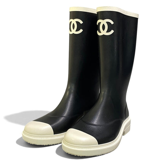 i2 CHANEL シャネル ラバーレインブーツ ロングブーツ ココマーク G39620 サイズ40 ブラック × ホワイト レディースk02i