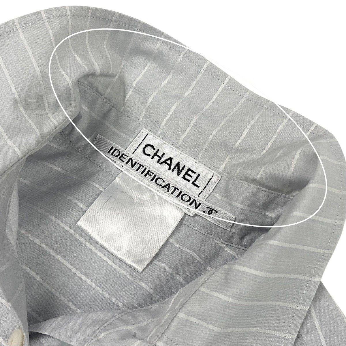 Ce28 CHANEL シャネル 2000年ss IDENTIFICATION 七分袖シャツ 袖ロゴ ボーダー柄 P14742V08220 ライトグレー ホワイト コットン100％ レディースu02tu02t