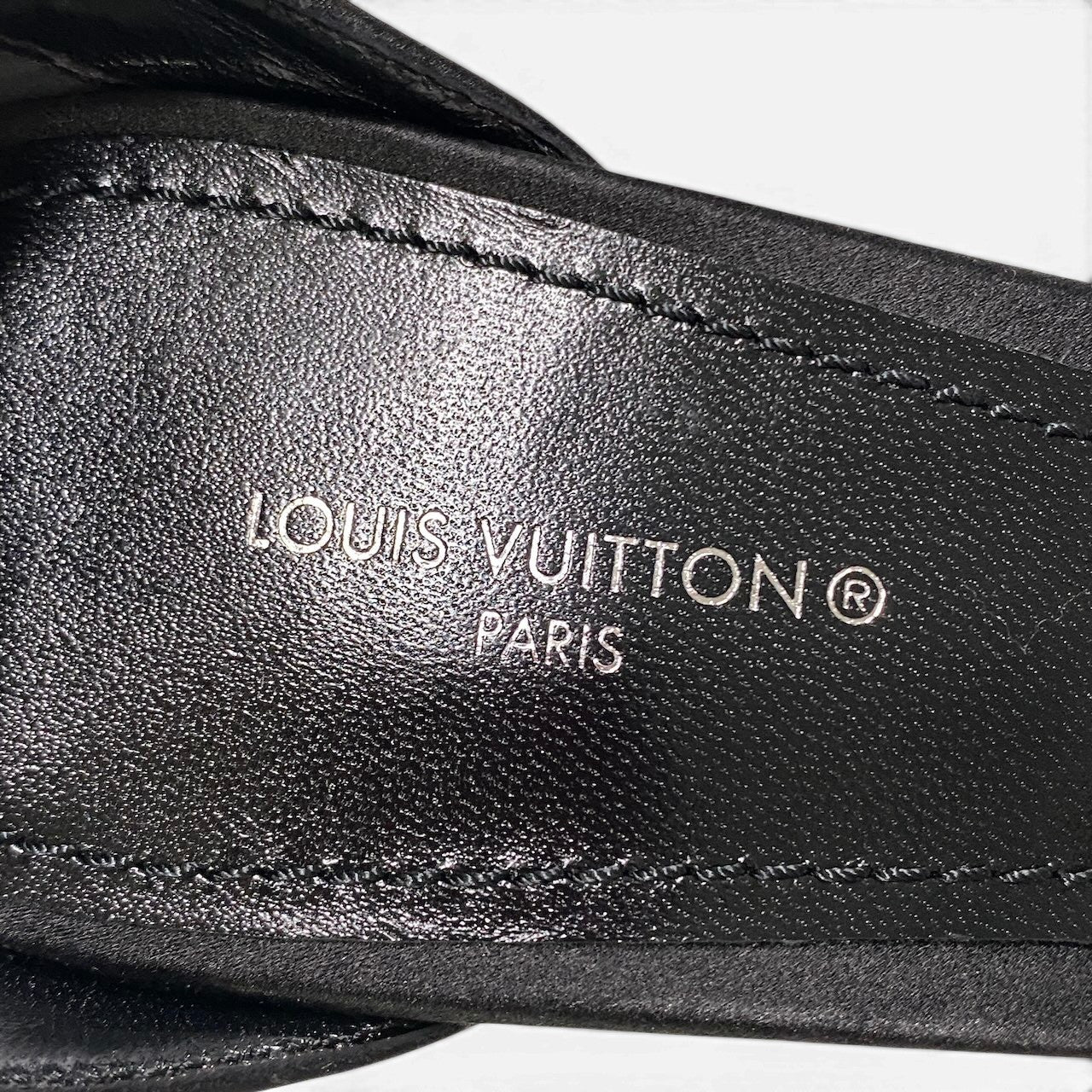 e18 【美品】 LOUIS VUITTON ルイヴィトン アピールライン ラインストーン ブラックサテン ハイヒール アンクルストラップ レディース 女性靴 39 ブラックu02t