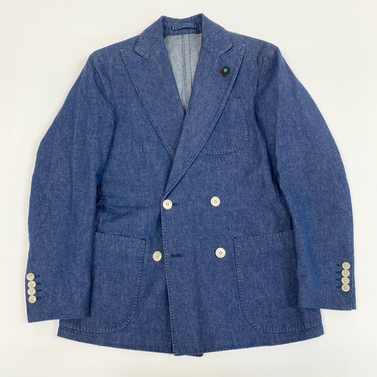 7i25 《美品》LARDINI ラルディーニ テーラードジャケット ダブルブレスブレザー ピークドラペル サイドベンツ 42サイズ インディゴ メンズk02i
