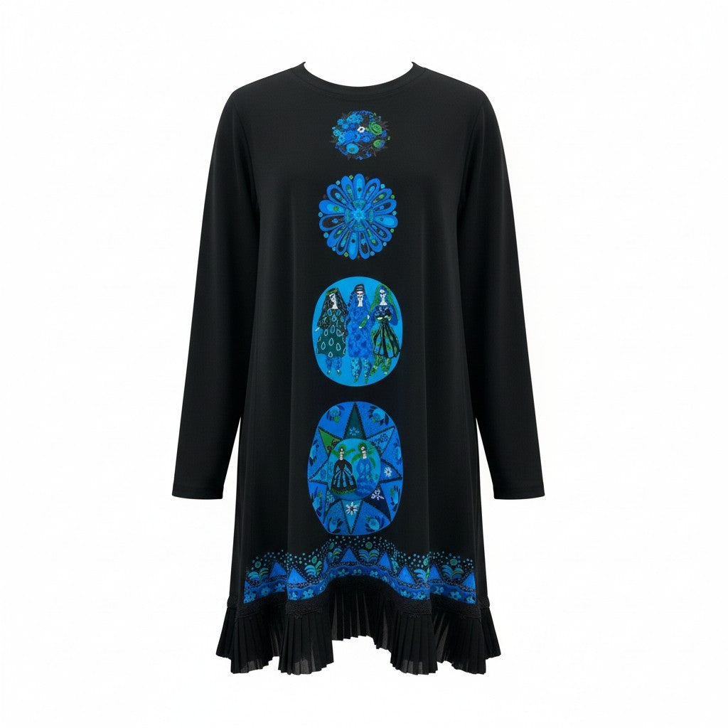 2k19《美品》 TOKUKO 1er VOL トクコプルミエヴォル 長袖ワンピース チュニック Aライン 裾シアープリーツ 9 ブラック レディースu02t