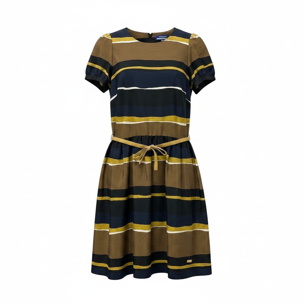 78e18 BURBERRY LONDON BLUE LABEL バーバリーロンドン ブルーレーベル パフスリーブ 膝丈ワンピース ボーダー柄 ウエストリボン  サイズ36 マルチカラー ポリエステル100％ レディース 女性用u02t