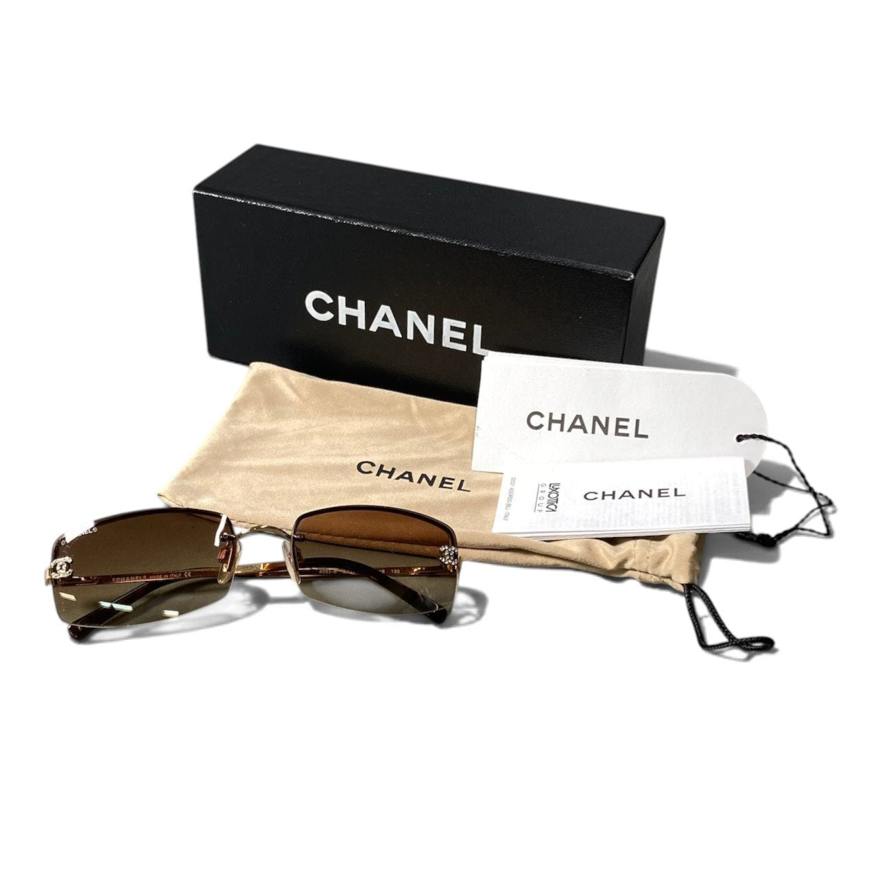 h12【美品】CHANEL ココマーク リムレスサングラス 4093-B 125/13 56□16 130 ゴールド ブラウン レディース 女性用k02i