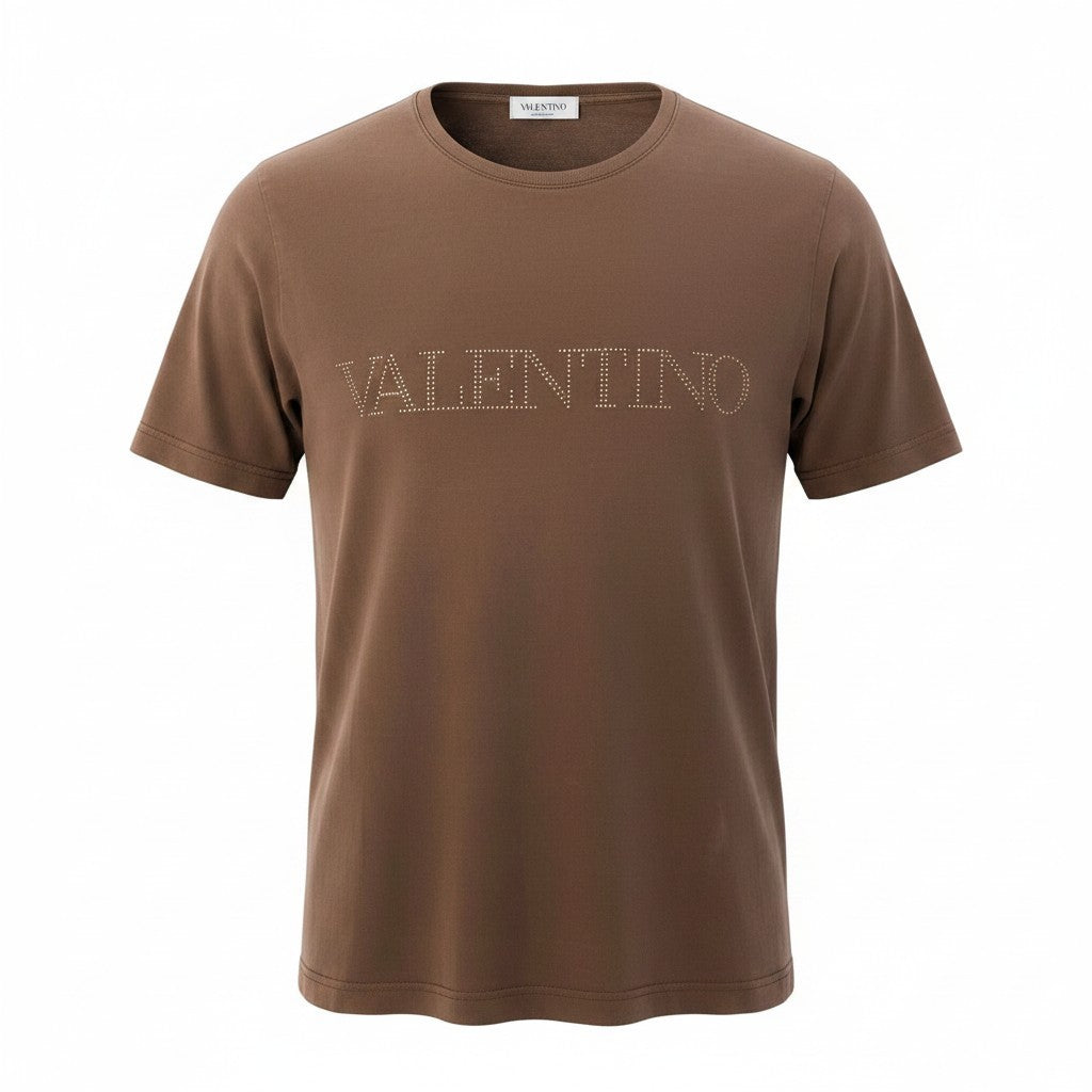 60d28 valentino garavani ヴァレンティノガラヴァーニ スタッズロゴ カットソー 半袖Tシャツ クルーネック トップス  ブラウン メンズ 紳士服u02t
