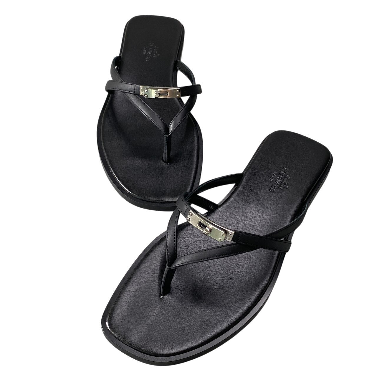 【未使用保管品】 HERMES エルメス ミス サンダル フラットシューズ クロスストラップ H261038Z サイズ37 ブラック レザー レディースk02i