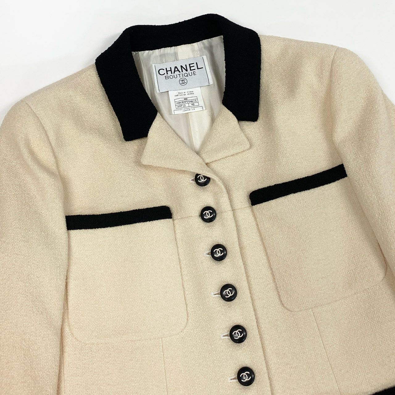 10f20 Vintage CHANEL シャネル 1996 ツイードジャケット テーラージャケット バイカラー ココマークボタン 42 アイボリー ブラック レディースta1