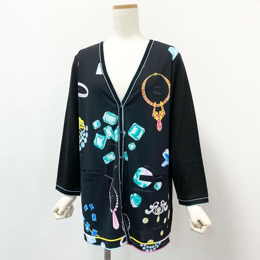 67g21-9 《極美品》 LEONARD レオナール カンカン素材 薄手カーディガン ニットカーディガン 美しいプリント サイズ42 ブラック マルチカラー レディース 日本製