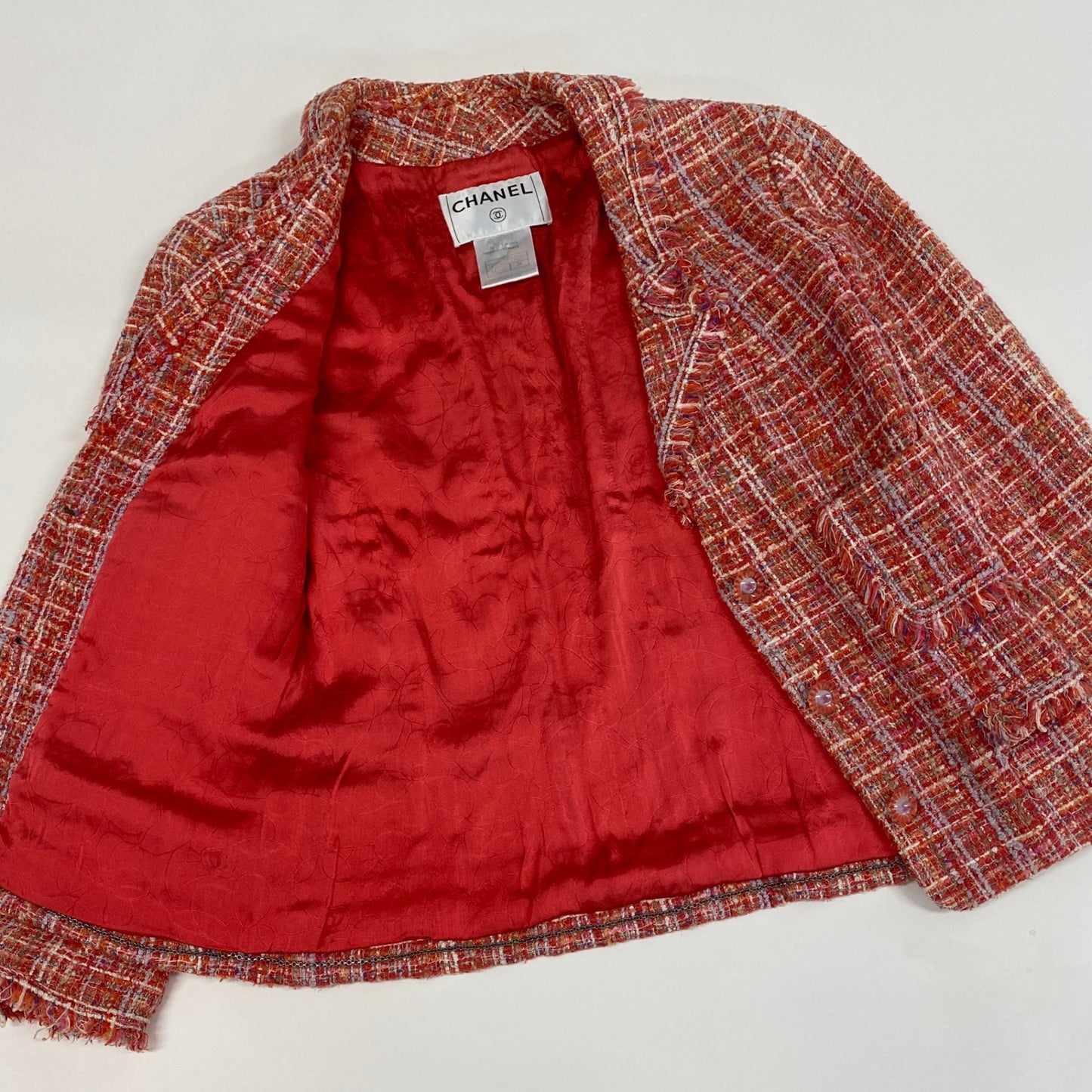 Ca14 CHANEL シャネル 2004年 P22966 ココマーククリアボタン 短丈 ショートツイードジャケット サイズ34 レッド系 ミックスツイード レディース 女性用ta1