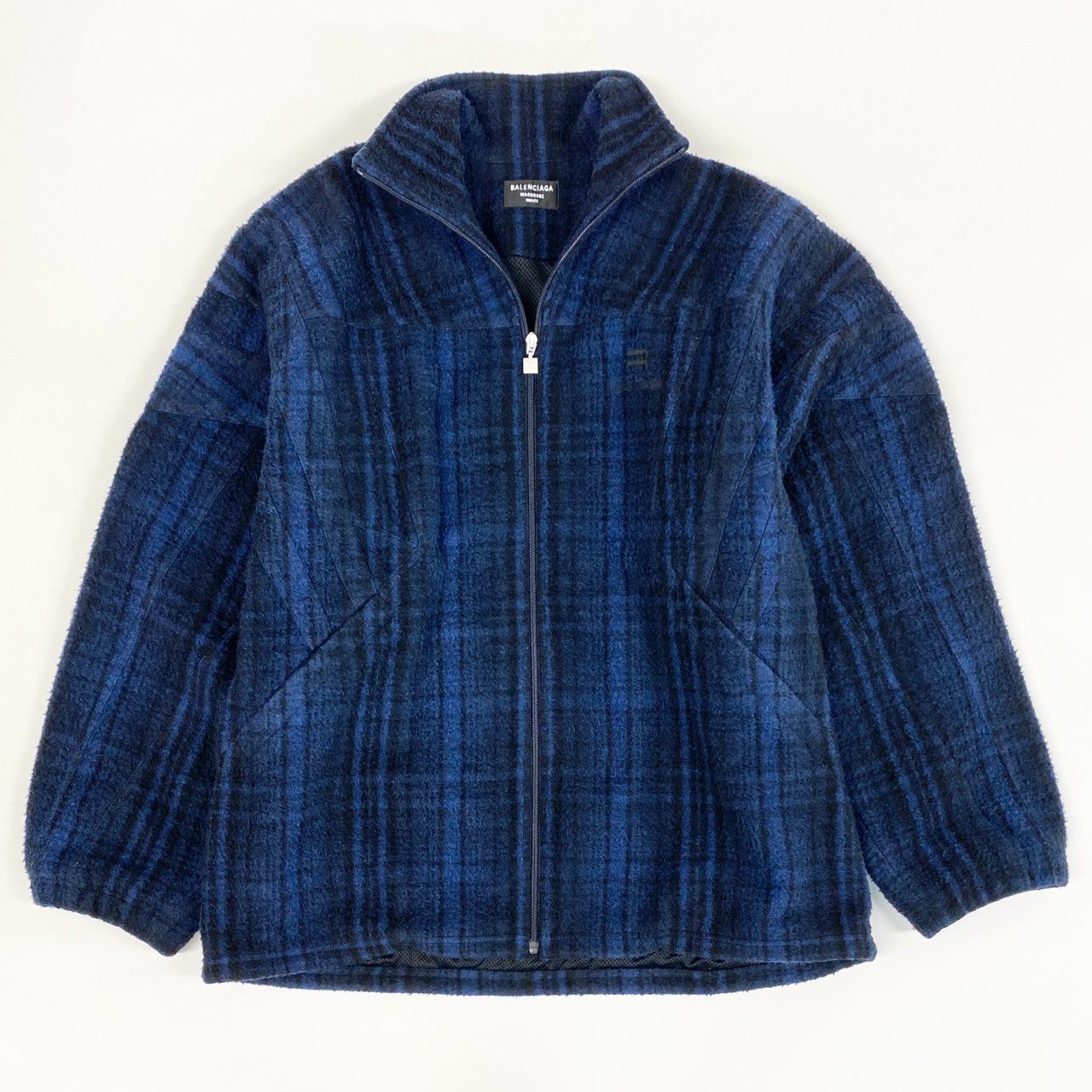 24i25 BALENCIAGA バレンシアガ フリースジャケット ブルゾン ロゴ刺繍 チェック 675648 サイズ44 ブルー ブラック メンズu02t