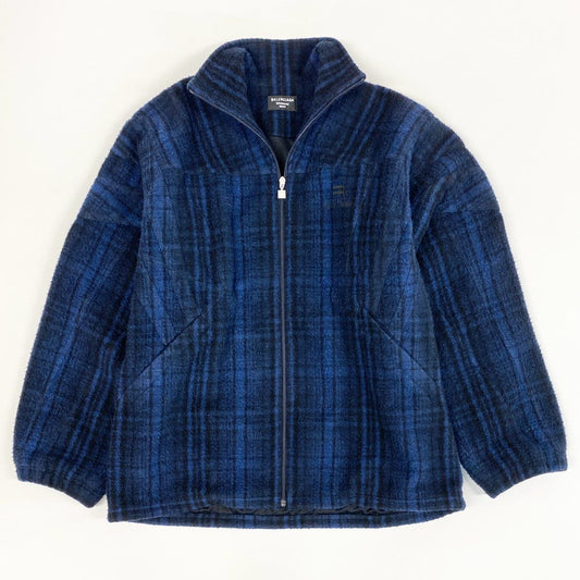 24i25 BALENCIAGA バレンシアガ フリースジャケット ブルゾン ロゴ刺繍 チェック 675648 サイズ44 ブルー ブラック メンズu02t