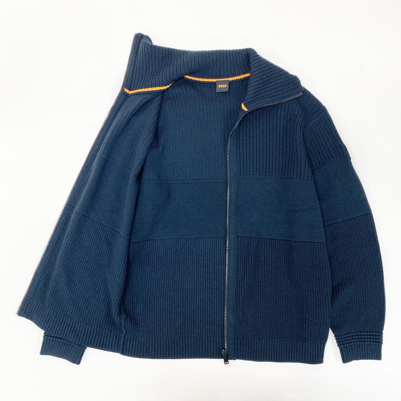 71i26 HUGO BOSS ヒューゴボス ドライバーズニット ジャケット XL ネイビー ロゴパッチ カーディガン 紳士服t18r