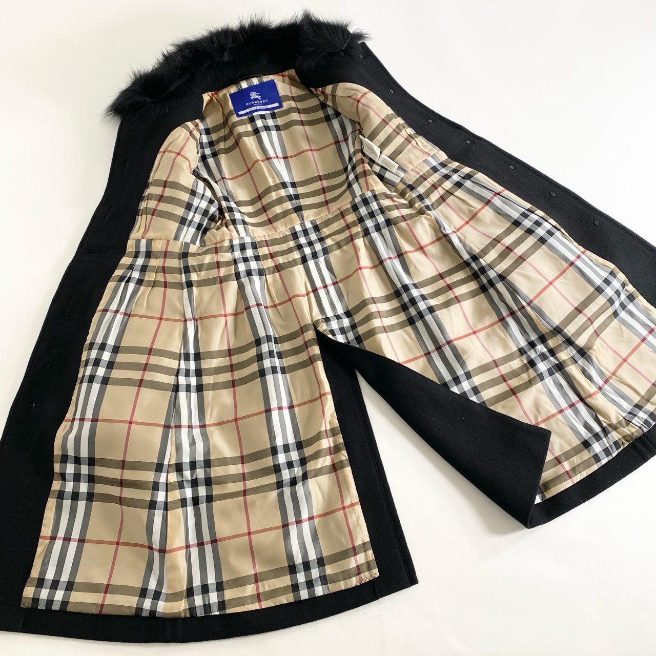 4i4 BURBERRY BLUE LABEL バーバリー ブルーレーベル ファー付き ウールコート ノバチェック 38 ブラック アウター