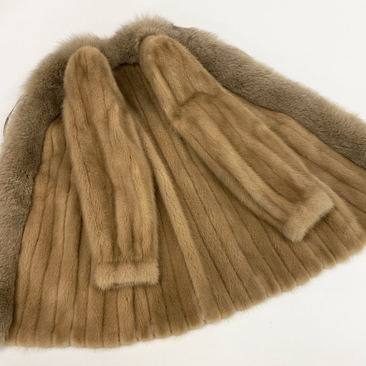 25L5 EMBA エンバ パステルミンク × フォックスファー ロングコート サイズF ベージュ 最高級本毛皮 レアデザイン MINK FOX FURt18r