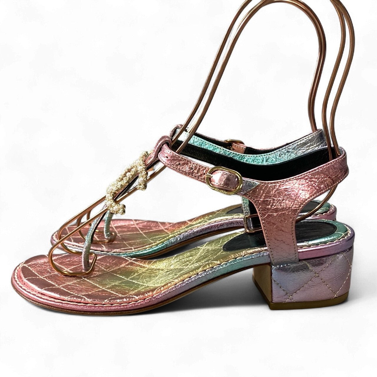 1k18 CHANEL シャネル ココマーク パールバックル トングサンダル G36402 35C ピンク グリーン シューズ グリポアt18r