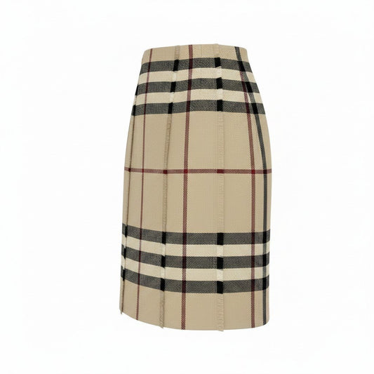 Id23 【美品】 BURBERRY LONDON バーバリーロンドン ノバチェック ウールスカート 膝丈スカート フリンジ サイズ15 ベージュ ウール100％ レディース 女性用o07t