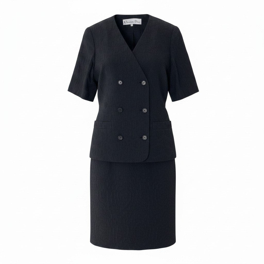 76i2 Christian Dior クリスチャンディオール セットアップ スカートスーツ ノーカラー 半袖ジャケット ダブルブレスト サイズ9 ブラック レディースo07t