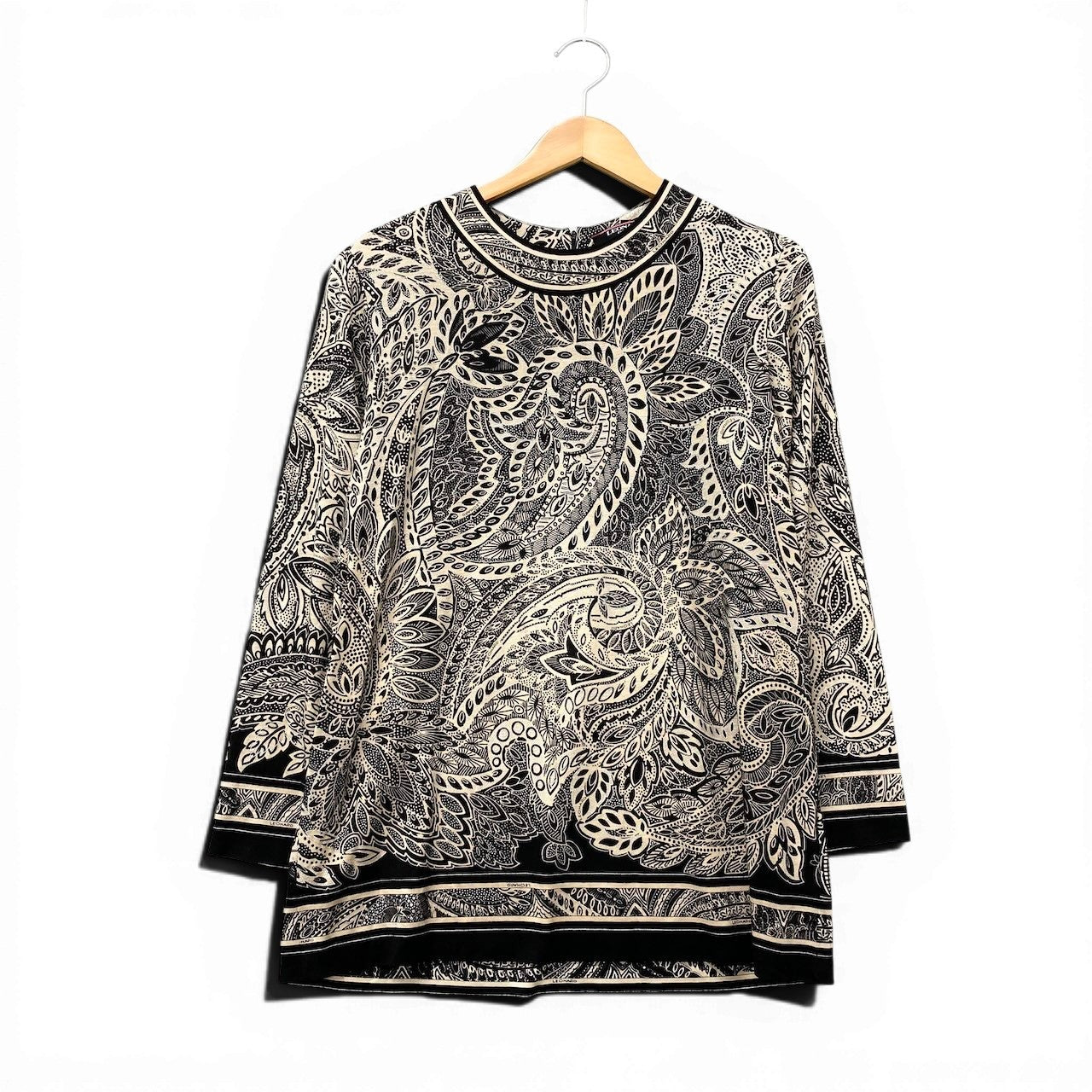 11f16 LEONARD FASHION レオナール ロングスリーブ チュニックワンピース ペイズリー 総柄プリント サイズLL ブラック ウール シルク レディース女性用u02t