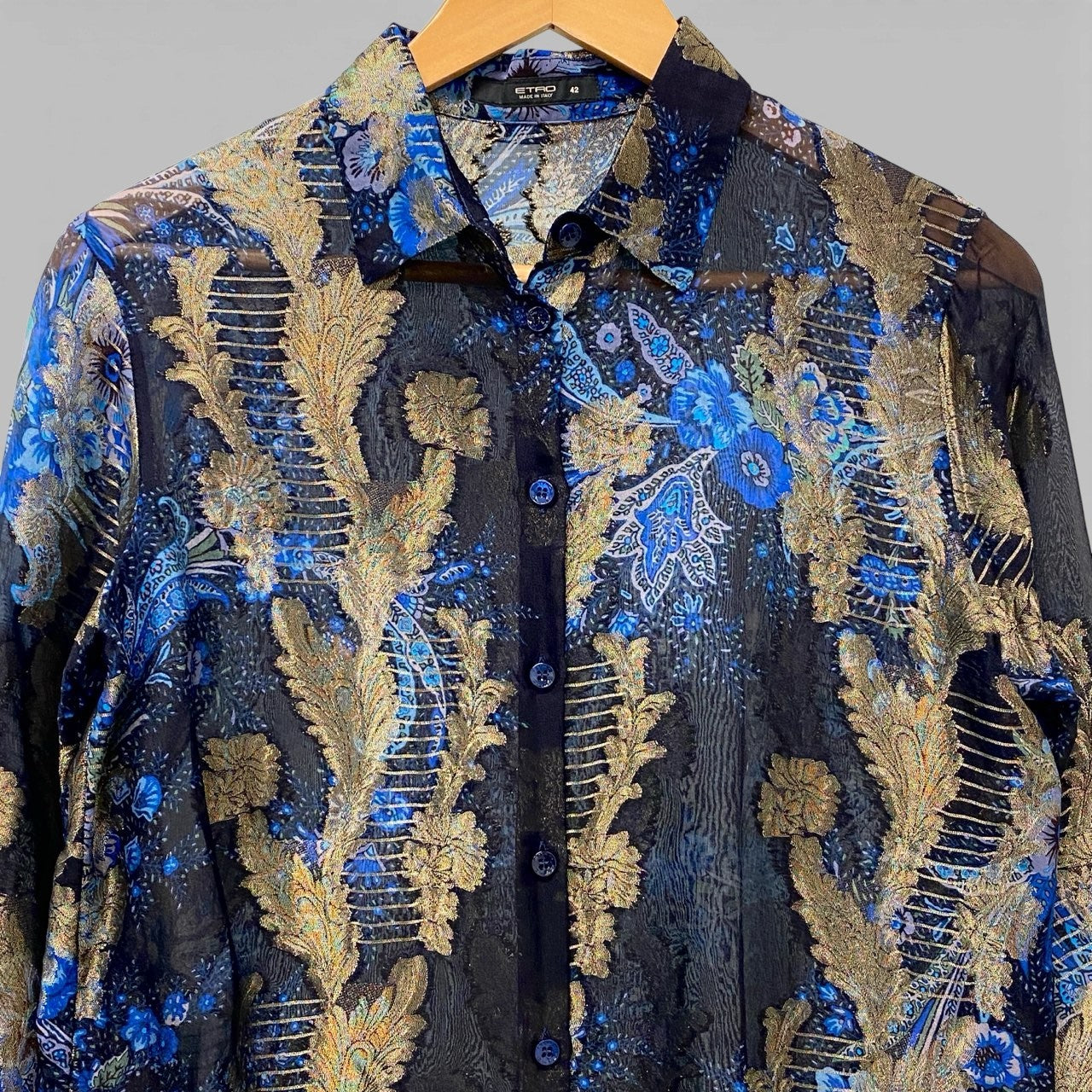 44b18 ETRO エトロ ロングスリーブ シアーシャツ 美しい花柄プリント ゴールド刺繍 シルクブレンド イタリア製 レディース 女性用 サイズ42 ネイビーu02t