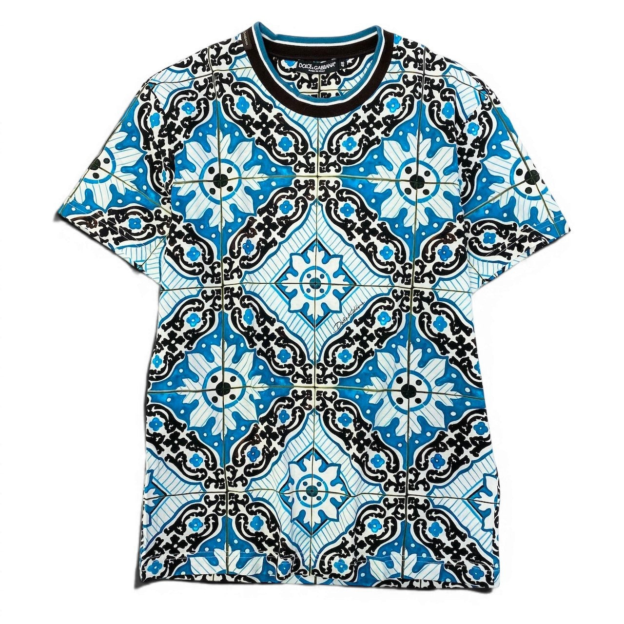 Ad15 DOLCE&GABBANA ドルチェアンドガッバーナ マジョリカ柄 Tシャツ Majolica Print T-Shirt サイズ48 ブルー D&G ドルガバ マヨリカt18r