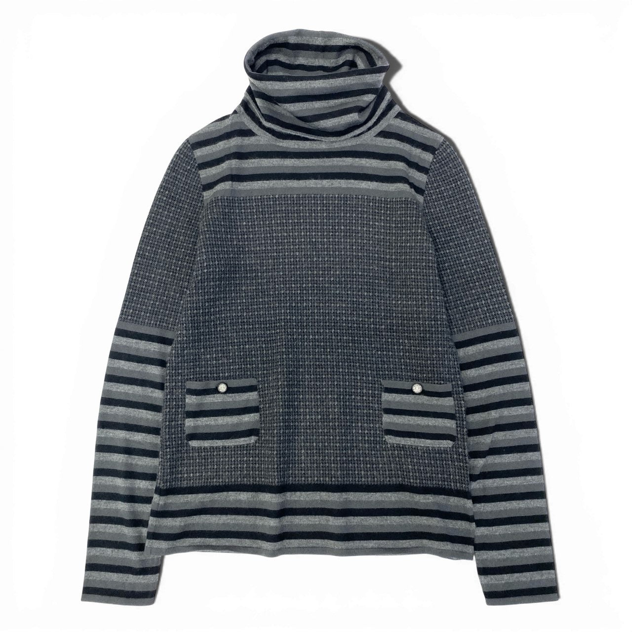 38a15 CHANEL シャネル ココマークボタン ボーター カシミヤセーター タートルネック L相当 グレー カシミヤ100 レディース ニット トップスta1