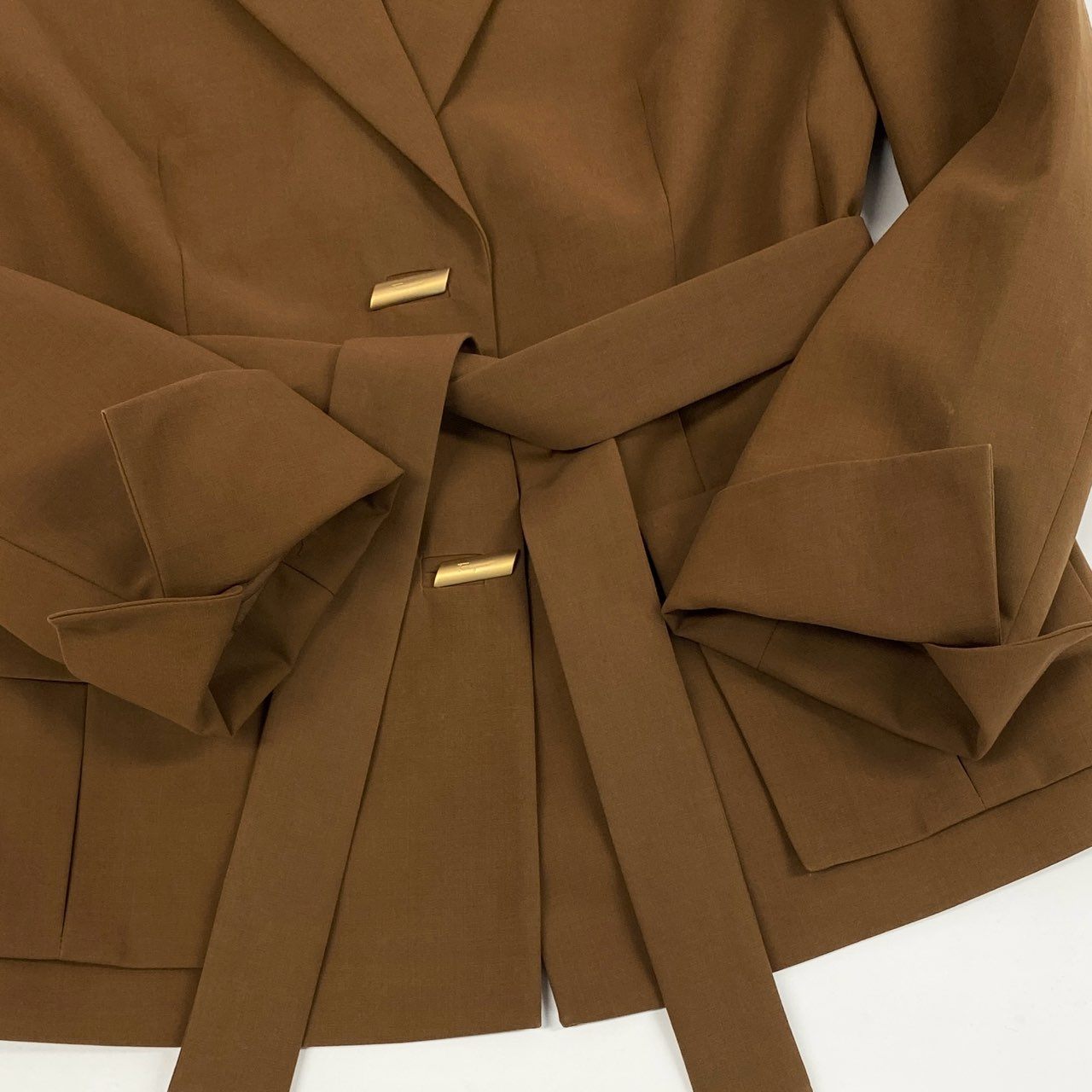 Ec6 Salvatore Ferragamo サルヴァトーレフェラガモ ハーフコート ジャケット ウエストリボン 金ロゴボタン レディース 女性服 イタリア製 44 キャメル コットン100％u02t