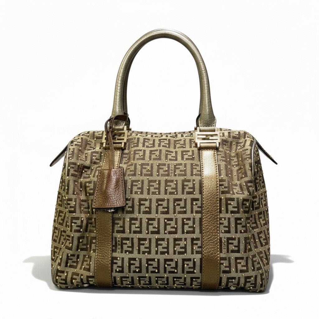 h29 FENDI ズッキーノ スタッズ ボストンバッグ ブラウン ベージュ レディース 女性用ta1