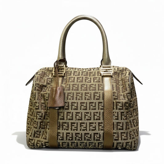 h29 FENDI ズッキーノ スタッズ ボストンバッグ ブラウン ベージュ レディース 女性用ta1