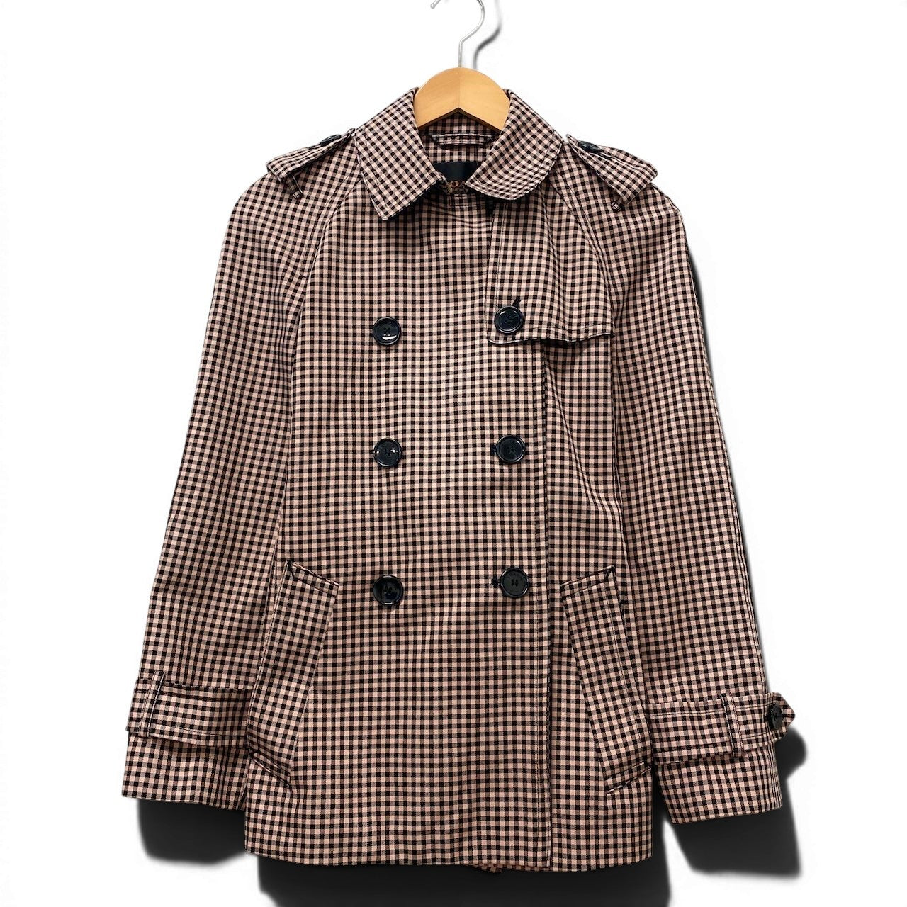 17f18【美品】 COACH コーチ トレンチコート ハーフコート ギンガムチェック 裏地シグネチャー サイズXS ブラック ピンク レディース 女性用u02t