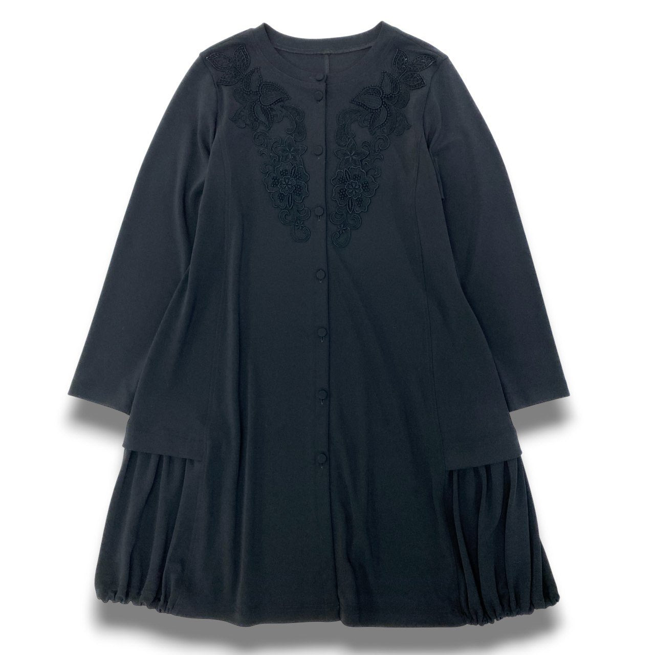 5c5 TOKUKO 1er VOL トクコプルミエヴォル ロングカーディガン 長袖 花柄レース くるみボタン ストレッチ レディース 女性服 サイズ9 ブラックu02t