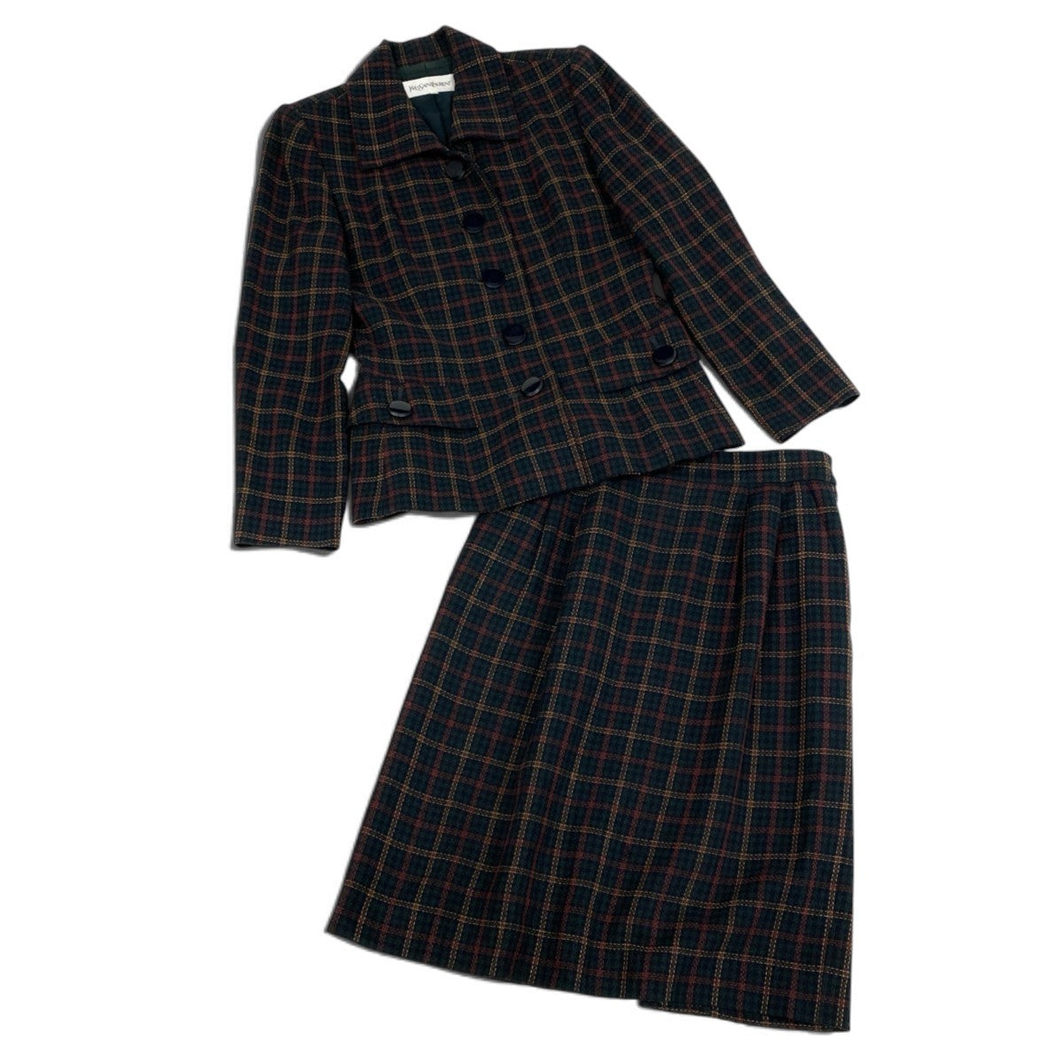 78j6 YVESAINTLAURENT イヴサンローラン セットアップ チェック柄 テーラードジャケット スカート 36サイズ グリーン系 レディース 女性用u02t
