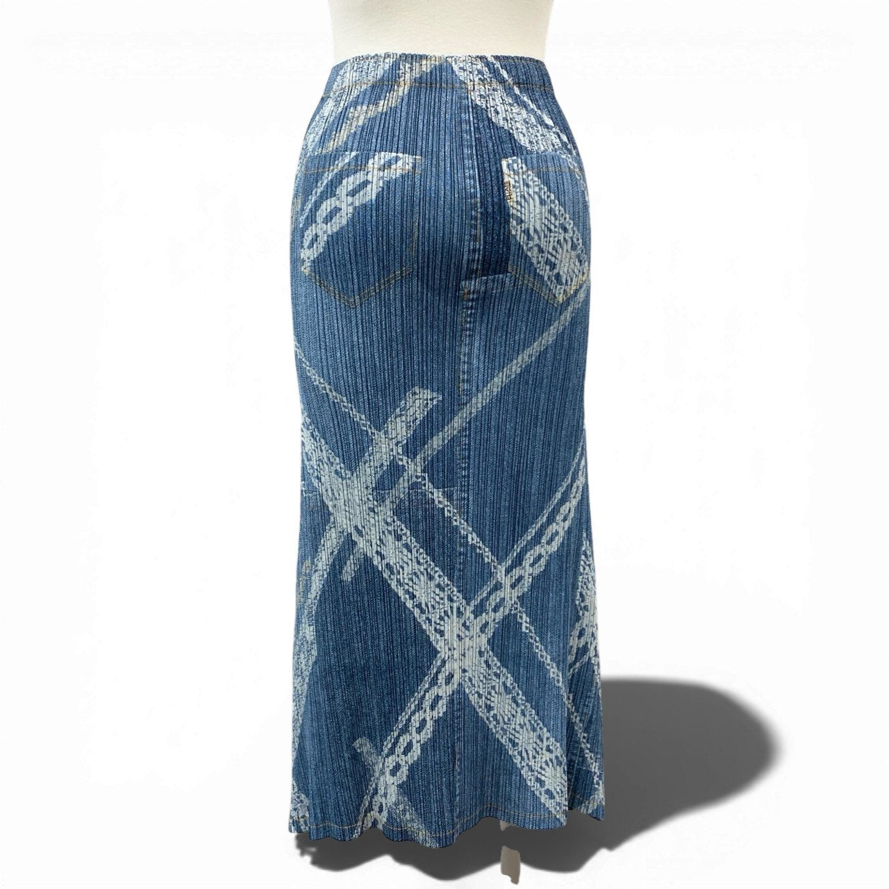 Ab9 【美品】PLEATS PLEASE プリーツプリーズ デニム転写 プリーツスカート ロングフレアスカート  PP61-JG605 2サイズ ブルー系 ポリエステル100％ レディース 女性用k02i