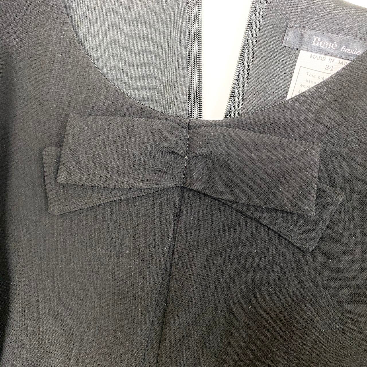 11c29 Rene basic ルネ 七分袖ワンピース フォーマルワンピース 膝丈 胸元リボン レディース 女性服 日本製 サイズ34 ブラックu02t