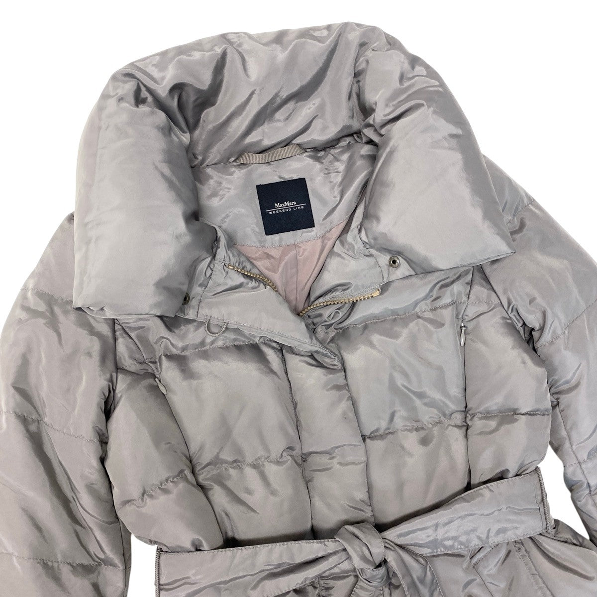 21g16 MaxMara WEEKEND LINE マックスマーラ ダウンジャケット ハーフコート ボリュームネック ベルト付 サイズ38 グレー系 レディース 女性用u02t
