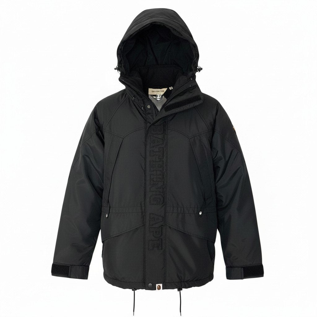 62e12 A BATHING APE アベイシングエイプ snowbord jacket スノーボードジャケット ナイロンパーカー フロントロゴ刺繍 サイズS ブラック メンズ 紳士服u02t