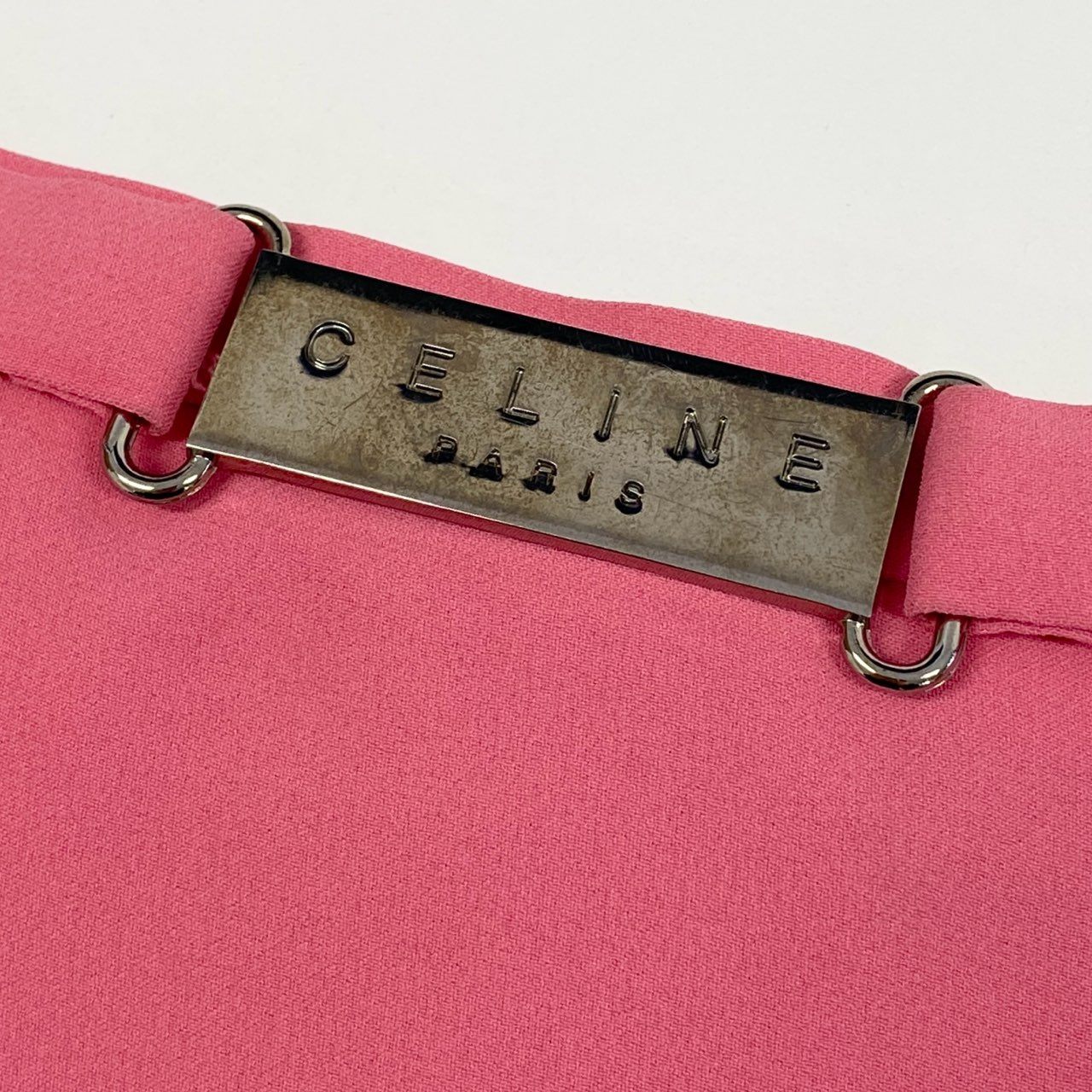 8b20 Vintage CELINE セリーヌ ロゴ金具 タイトスカート 膝丈 46 ライトピンク フランス製 大きいサイズu02t