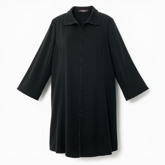 61c9 LEONARD FASHION レオナール ロングジャケット カーディガン ロングスリーブ カンカン素材 ワンポイントロゴ ラインストーン レディース 女性服 サイズ42 ブラックu02t