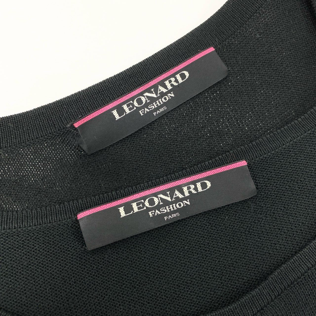 4k23《美品》 LEONARD FASHION レオナール アンサンブルニット ツインニット 半袖トップス カーディガン ボーダー柄 花柄刺繍 シルク混 Ｌ ブラック ホワイト系u02t