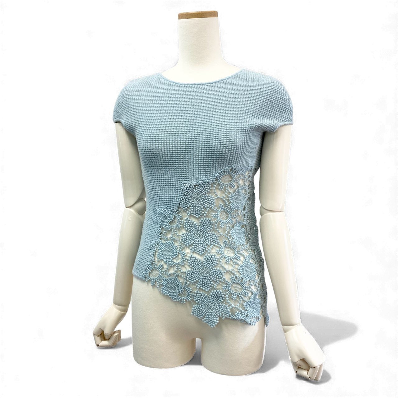15K18 【美品】CHANEL シャネル 2014SS レース切替 ワッフルカットソー P41341K03047 サイズ34 ブルー系 レディース 女性用 トップスk02i