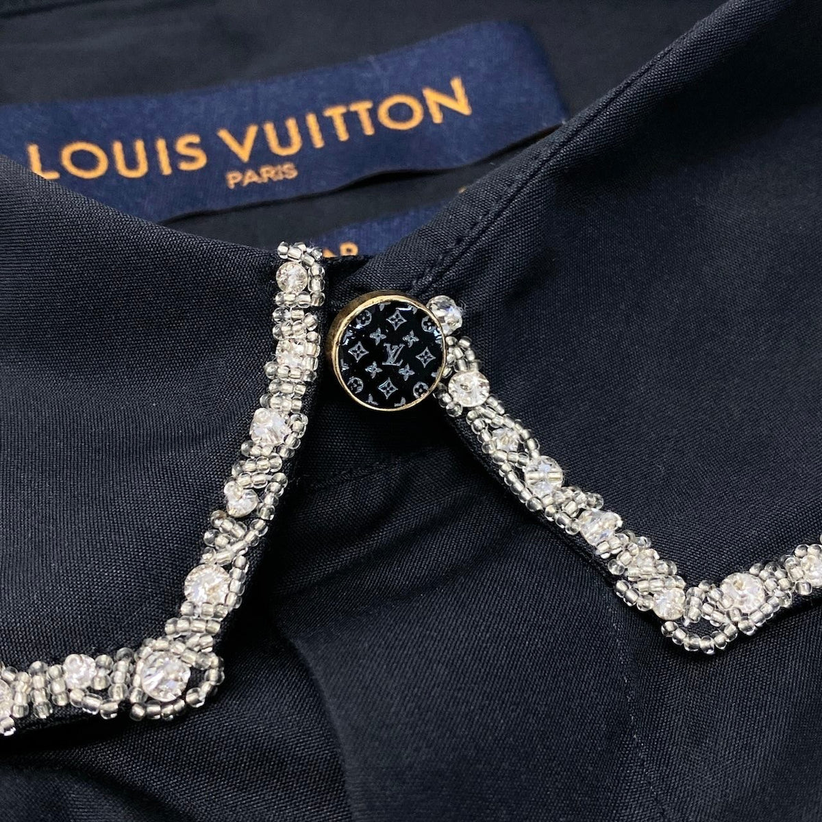28j16 【未使用タグ付】 LOUIS VUITTON ルイヴィトン ビーズカラー ロングスリーブ ドレスシャツ REGULAR FIT サイズ42/16-1/2 ブラック コットン シルク メンズu02t
