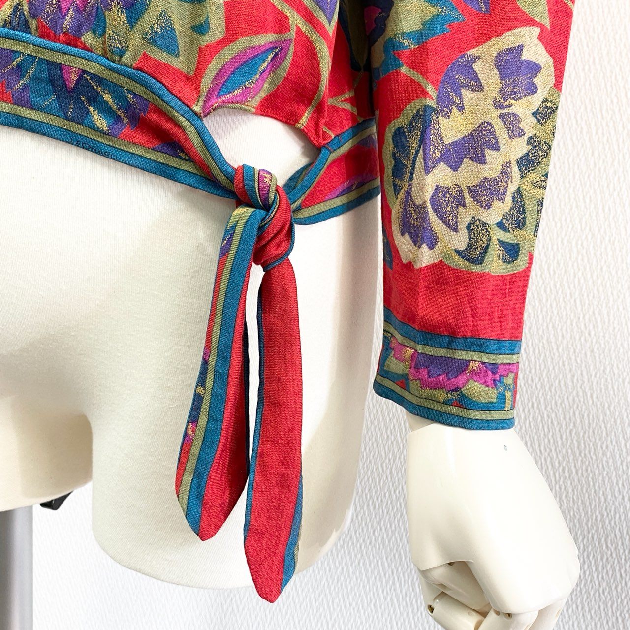 3K18 LEONARD レオナール 長袖カットソー ドルマンスリーブ 花柄プリント 裾リボン レディース 女性用 M レッド ウールシルクu02t