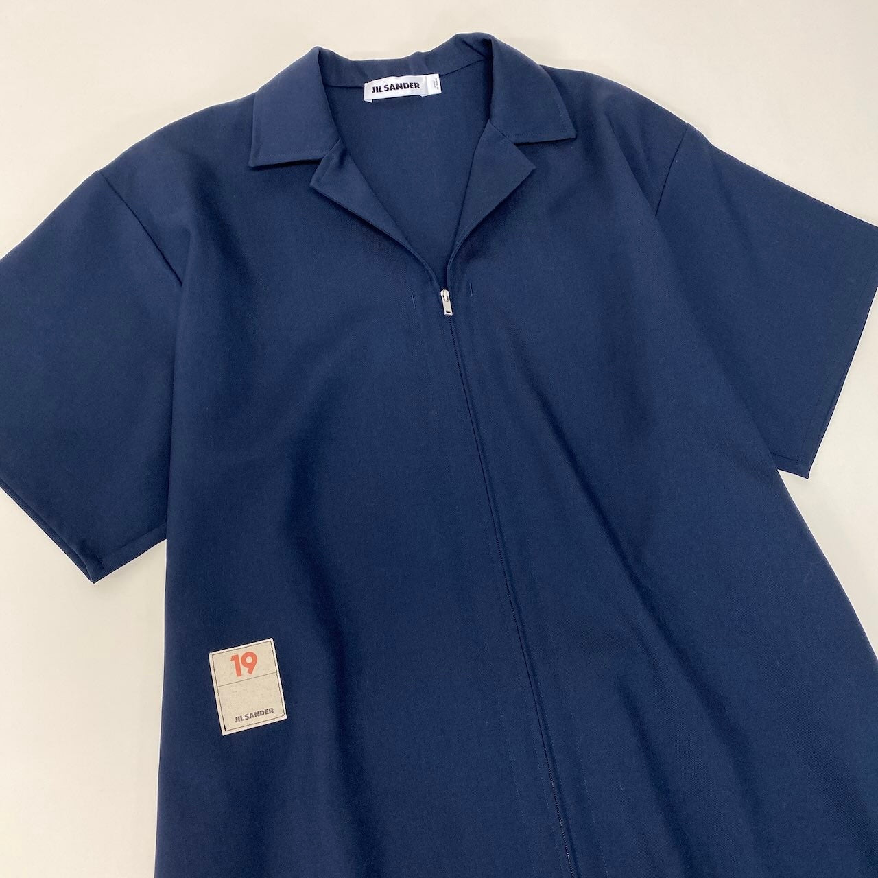 13f6 E JIL SANDER ジルサンダー 2019年 オープンカラージップワンピース 半袖 サイズ32 ネイビー ウール100％ レディース 女性用u02t