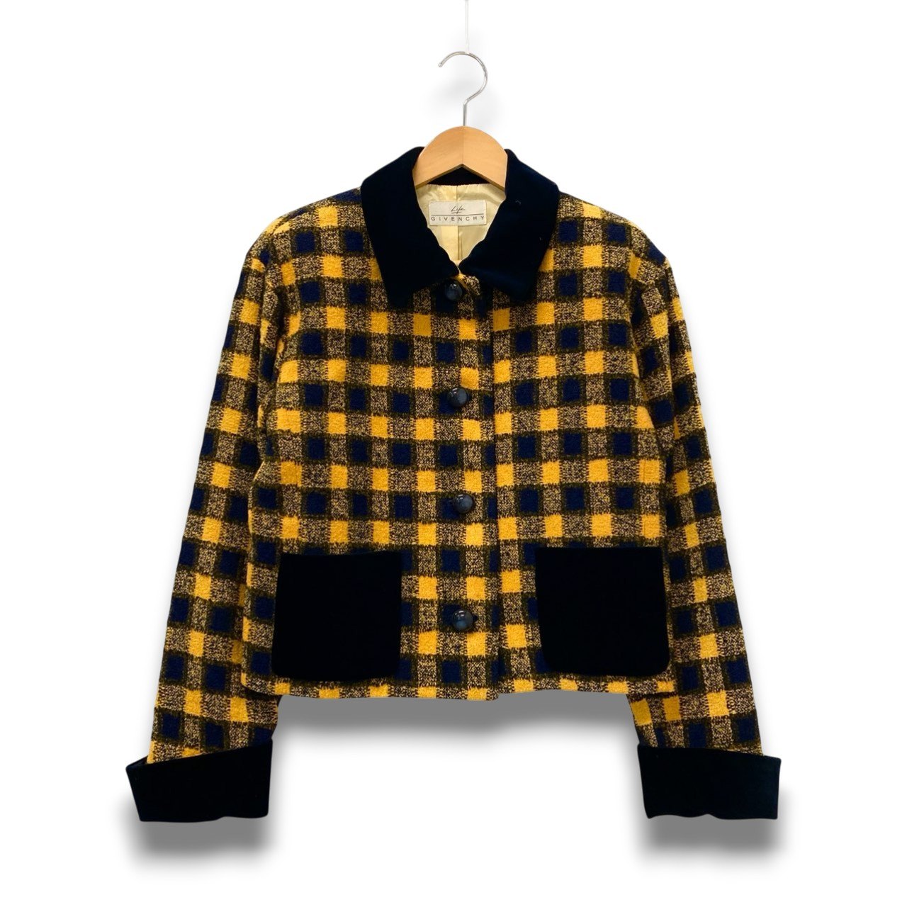 78b26 GIVENCHY ジバンシー Vintage チェック柄 ベロア × ツイードジャケット サイズ9 イエロー ネイビー Tweed Jackett18r