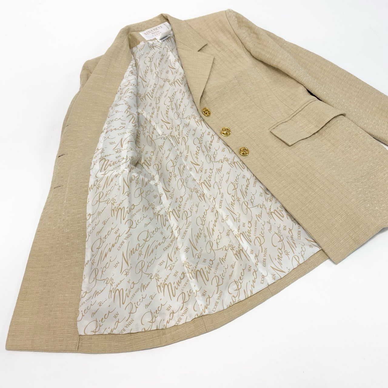 15K18 NINA RICCI Edition ニナリッチ フランス製 テーラードジャケット ロングジャケット 金ボタン 裏地総柄 レディース 女性用 42 ベージュu02t