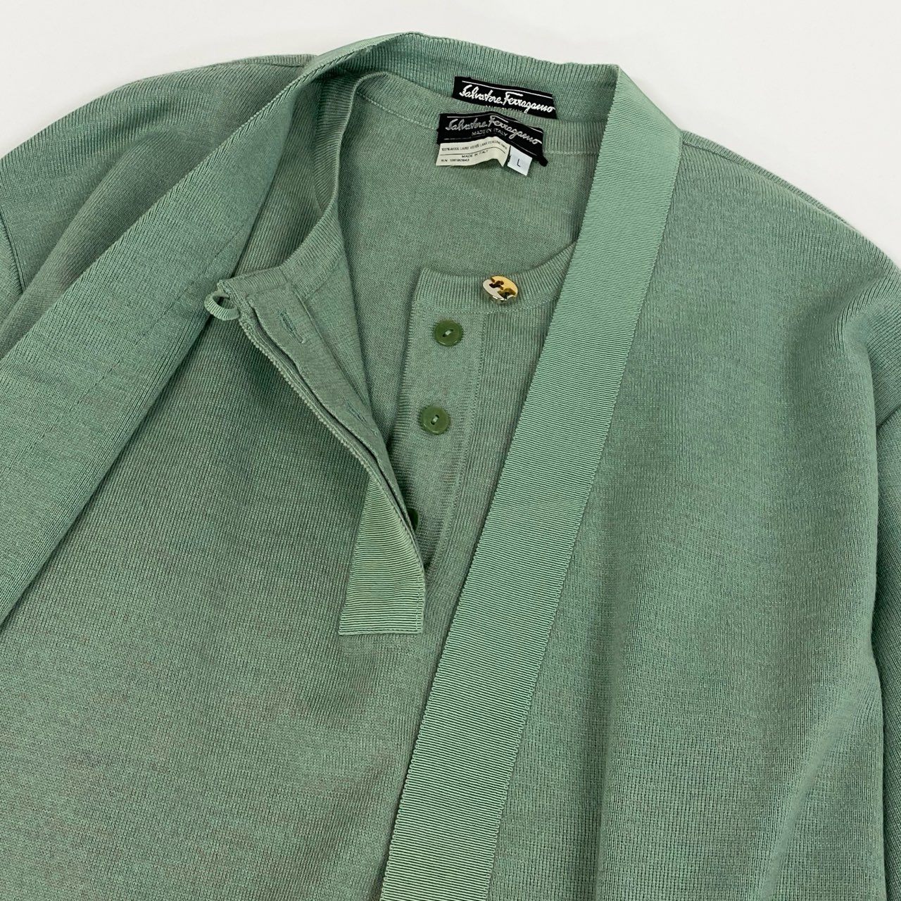 68d13 Salvatore Ferragamo サルヴァトーレフェラガモ アンサンブルニット ツインニット ロングニットジャケット カーディガン ニットポロシャツ M / L グリーン系 ウール100％ レディース 女性用o07t