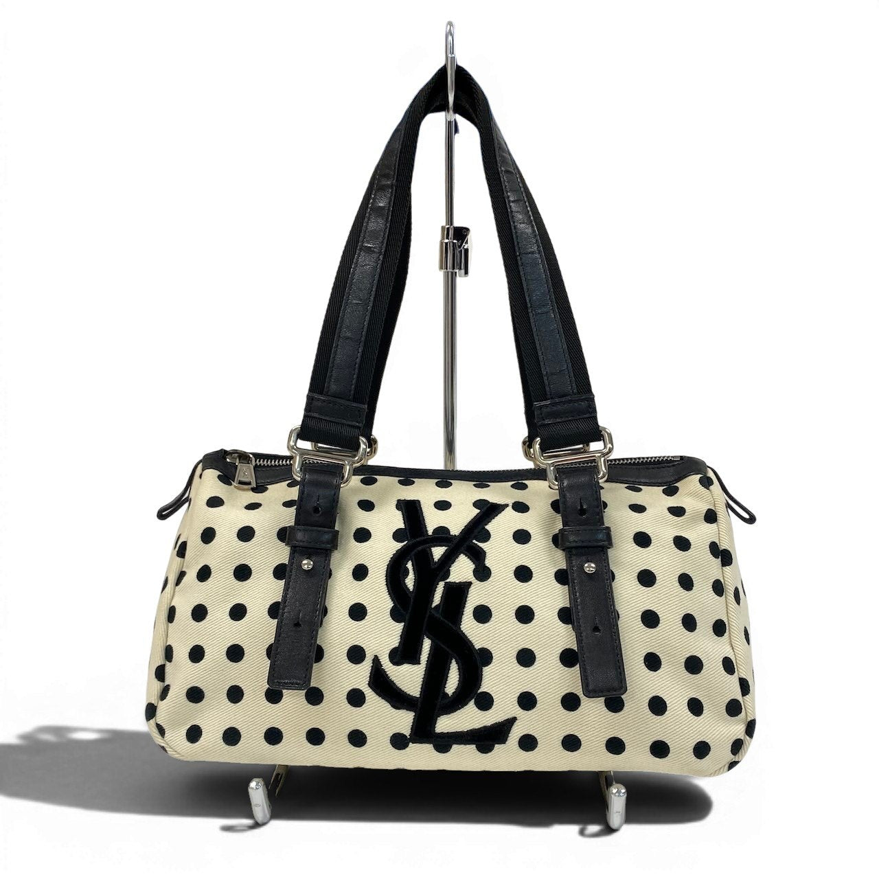 e4 《美品》 Yves Saint Laurent イヴサンローラン ポルカドット ミニボストンバッグ Vintage Polka Dot Mini Boston ホワイト ブラックt18r