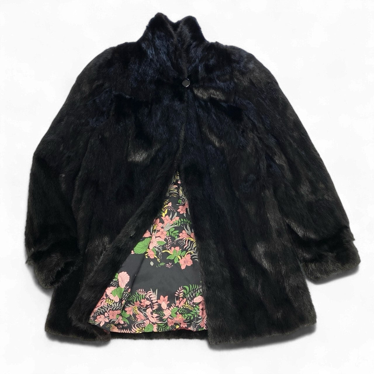 42k14【美品】毛皮コート ファーコート ダークミンク ミンクファー セミロングコート 裏地花柄 シルク ブラック レディースu02t