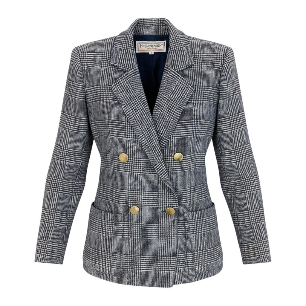 63f2 YVES SAINT LAURENT イヴサンローラン ダブルブレスト テーラードジャケット グレンチェック柄 金ボタン カシミヤ混 サイズM ネイビー ホワイト レディース 女性服o07t